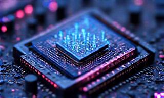 Close up of high-tech circuit board with neural light patterns