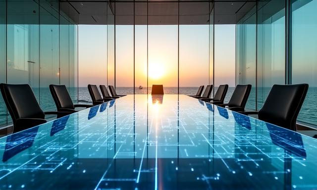 Modern conference room with digital AI projections