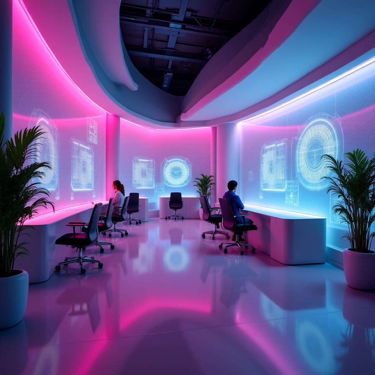 Modern collaborative workspace with AI tech vibes