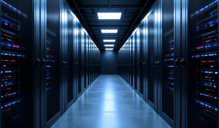 Data center with glowing neon connections